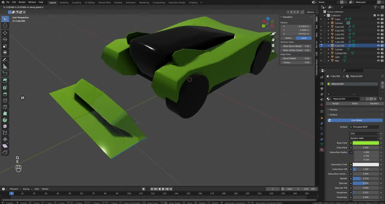 An early green blockout of the car body with the black capsule and the first wheels, and a detached side part