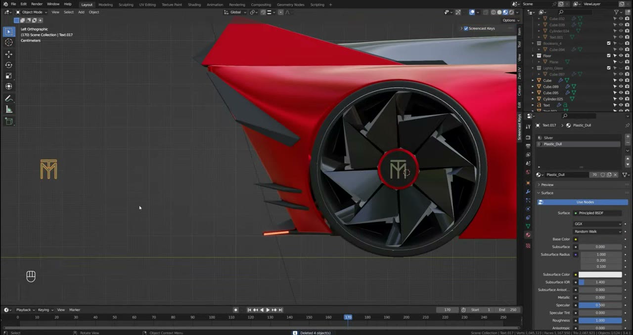 A side view of the car in red with a black origami disc and a red TM wheel cap