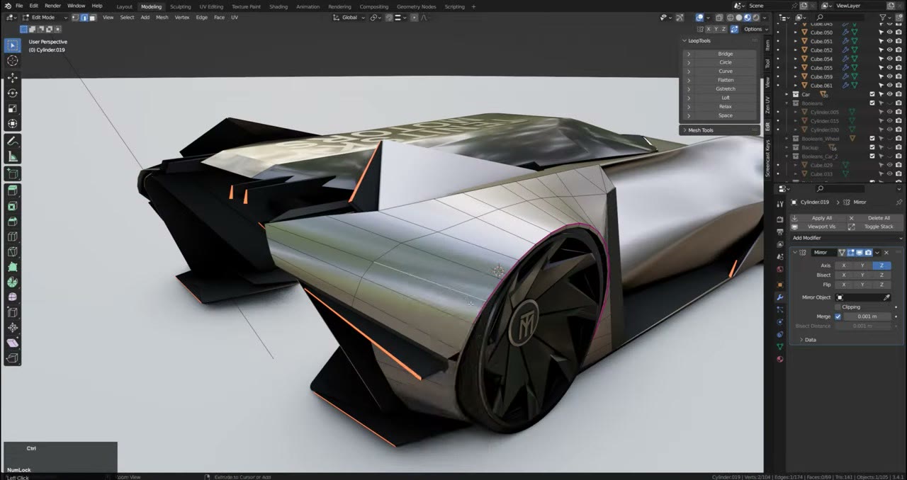 The retopologised car in silver with a clean quad mesh on the front fender, black parts, orange accents and the TM logo on the wheel