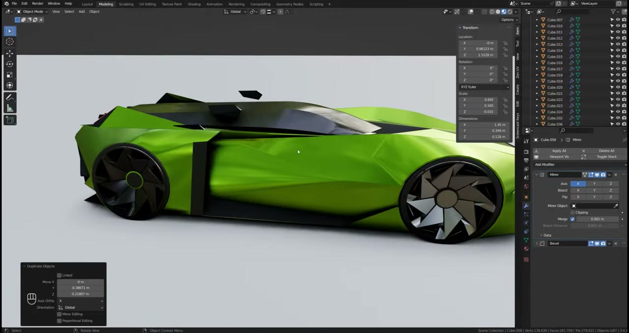 A green and black futuristic one-seater concept car in Blender with origami-style wheel discs
