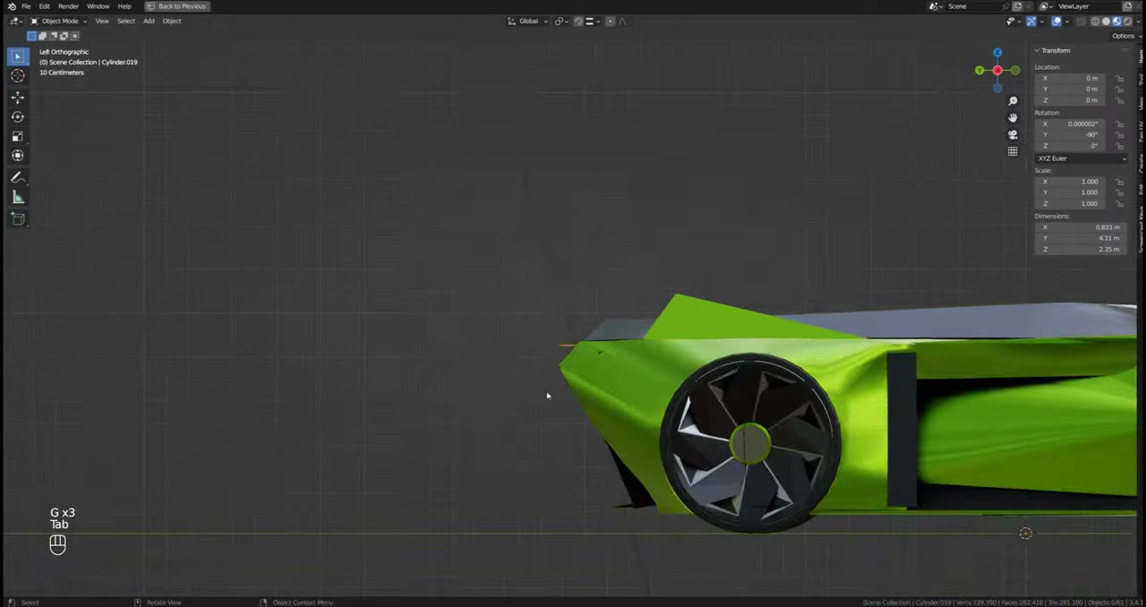 A three-quarter view of the green concept car with the black capsule and sharp side intakes
