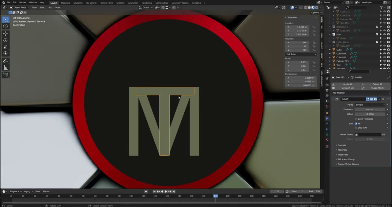 The TM monogram as a clean quad-modelled shape in Blender