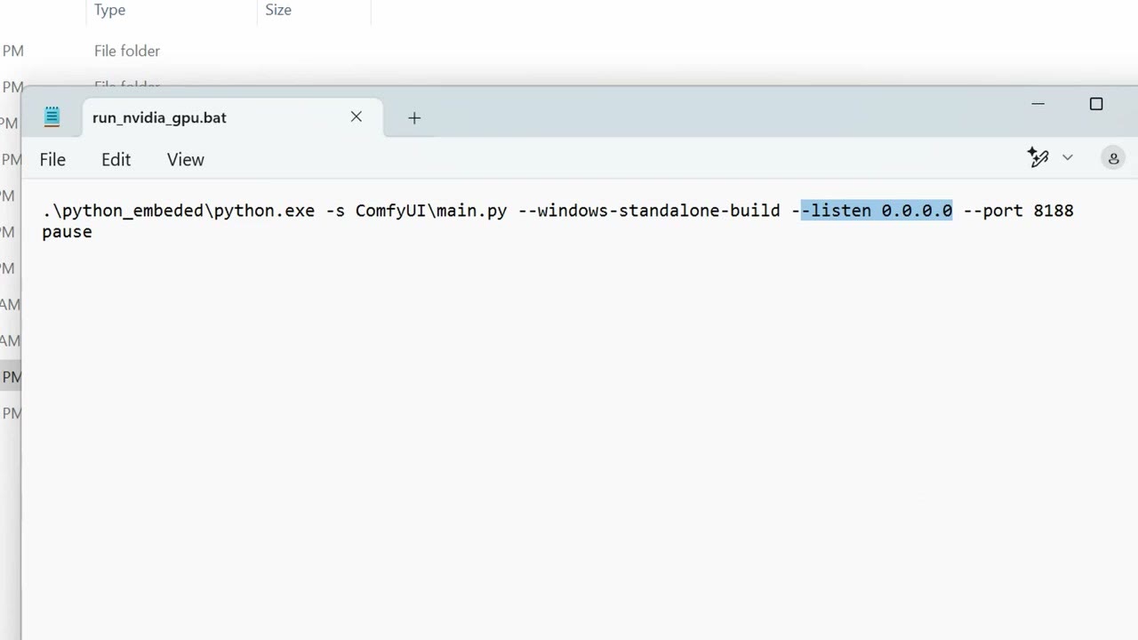 The run_nvidia_gpu.bat file open in a text editor with the listen 0.0.0.0 port 8188 line