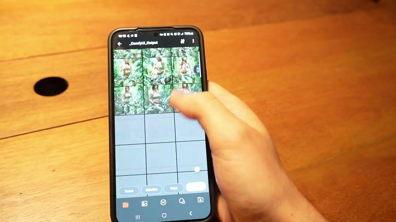 A phone showing a grid of rendered images in the MEGA app