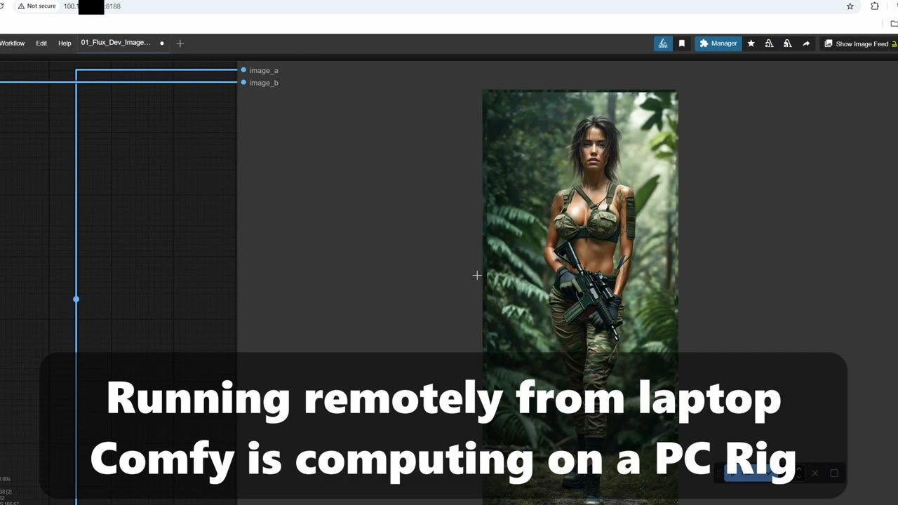 ComfyUI open in a laptop browser while the image is being computed on a separate PC