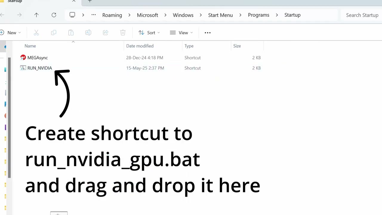 The Windows Startup folder with instructions to create a shortcut to run_nvidia_gpu.bat and drag it there
