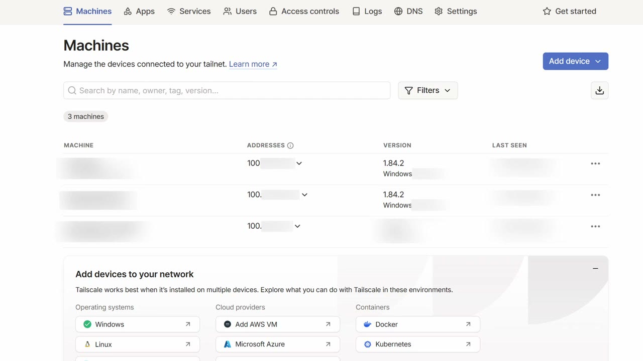 The Tailscale Machines page listing connected devices with their addresses