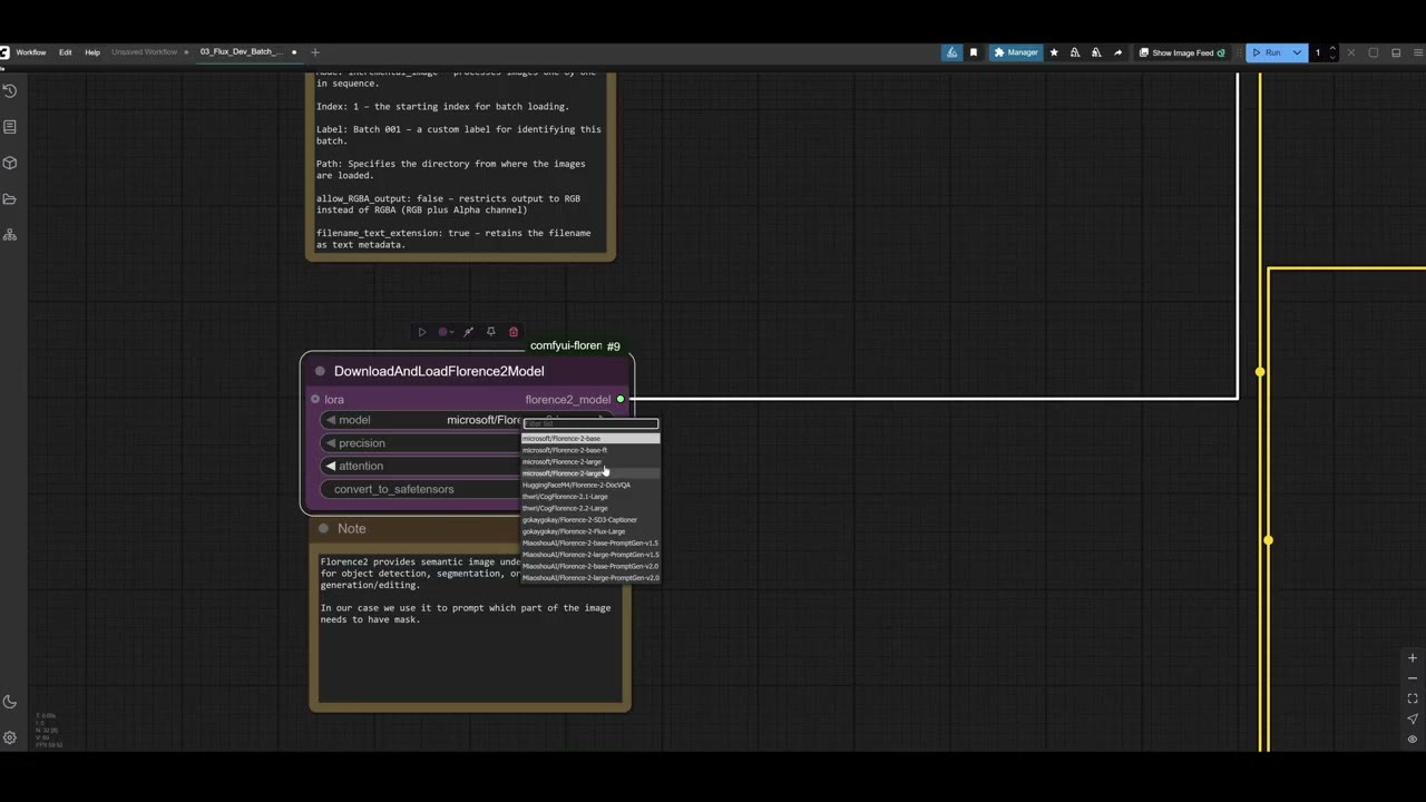The Florence 2 model loader node and the mask extraction group in ComfyUI