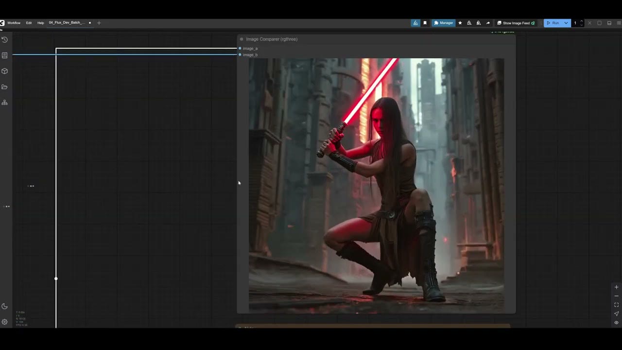 A before and after comparison of a generated warrior with a red lightsaber, with the hands and face re-rendered