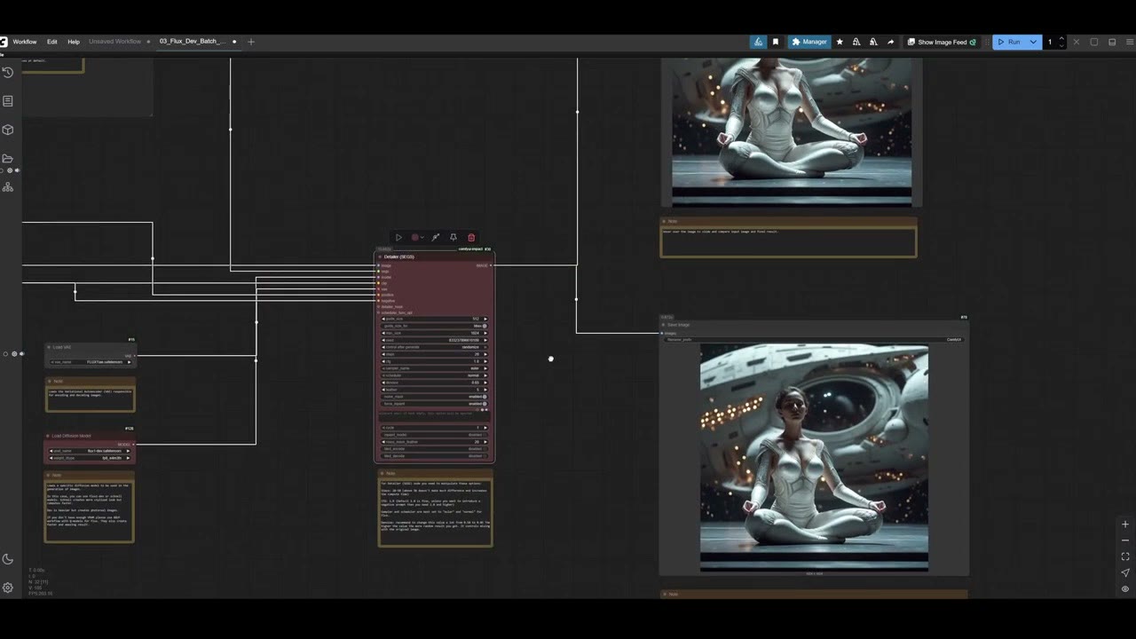 A generated woman in a white suit meditating in a spaceship, from the batch being fixed