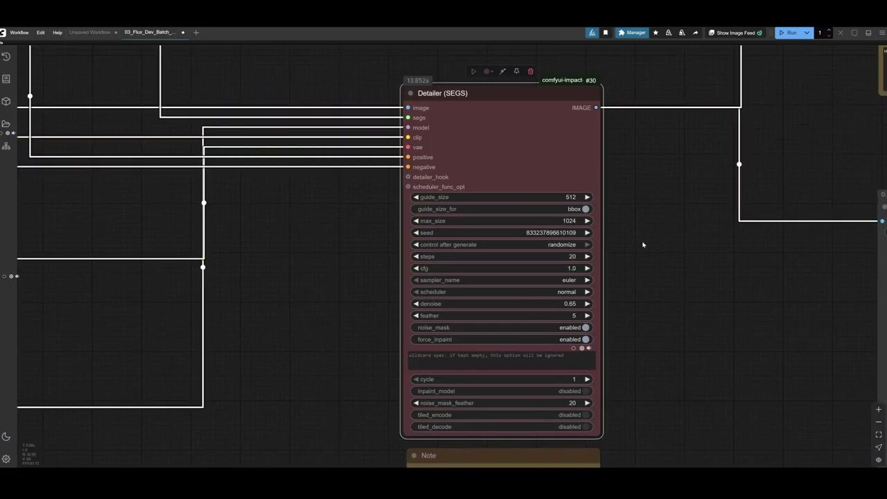 The Detailer SEGS node with guide size 512, 20 steps, CFG 1.0, euler sampler and denoise 0.65