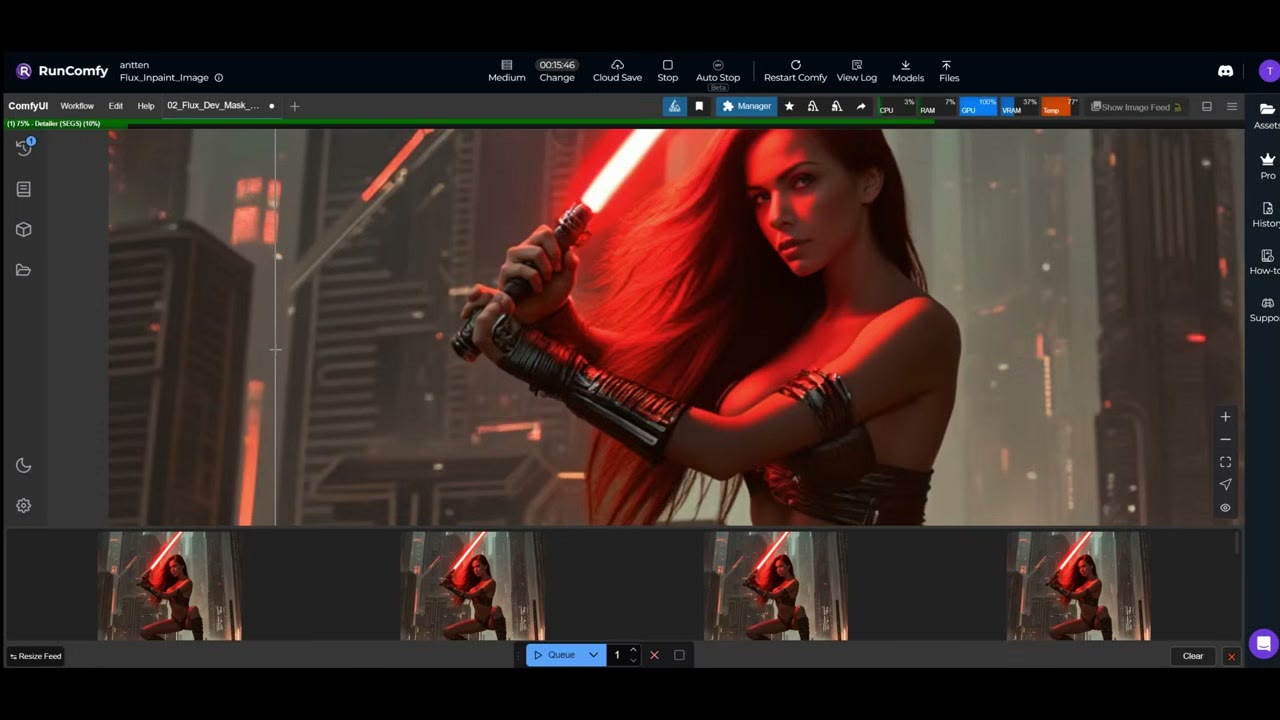 A red-haired warrior holding a red lightsaber with both hands, the hands redrawn with Flux inpainting