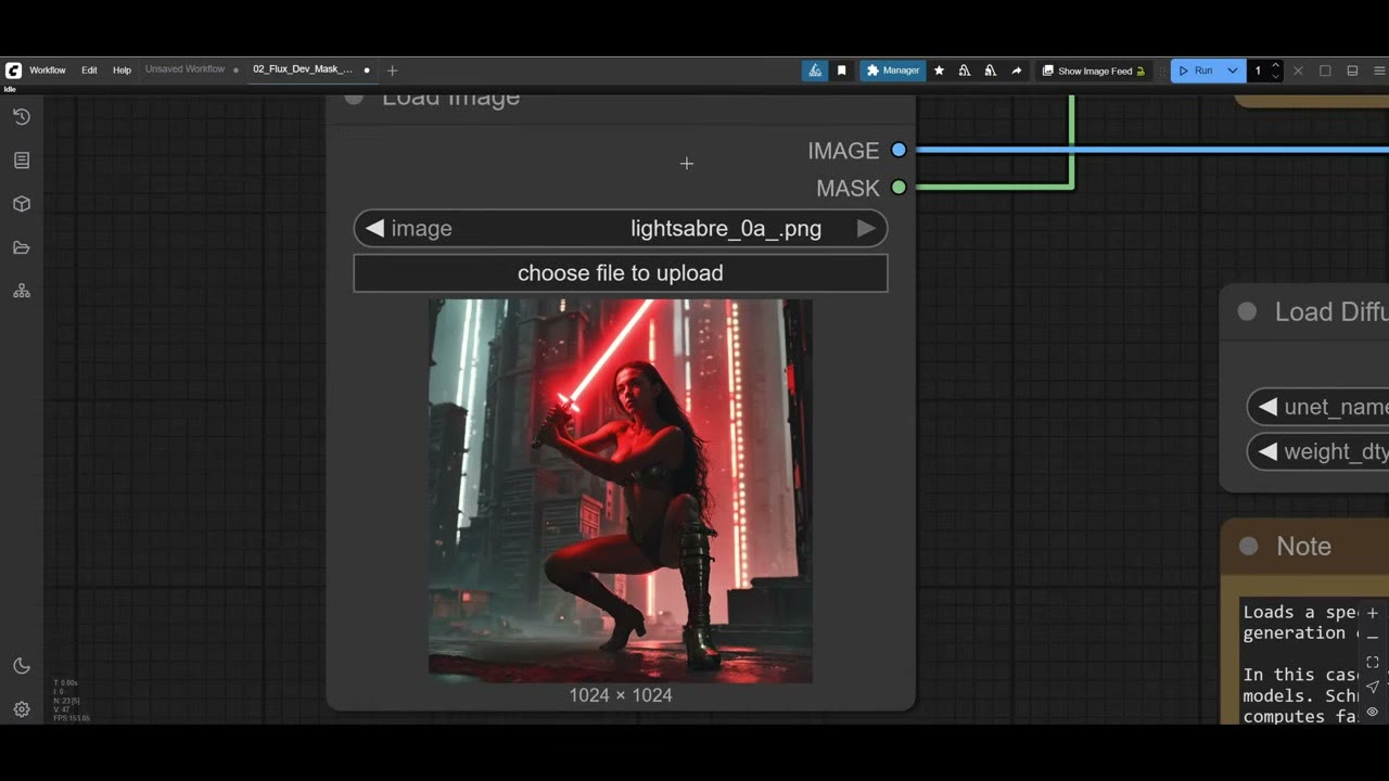 The Load Image node with a lightsaber image loaded, used to paint the mask