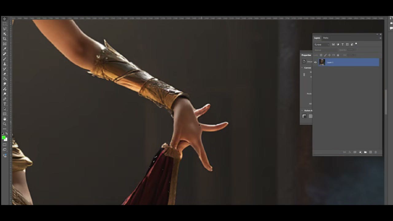 A close-up of a generated hand with splayed, awkward fingers, open in Photoshop