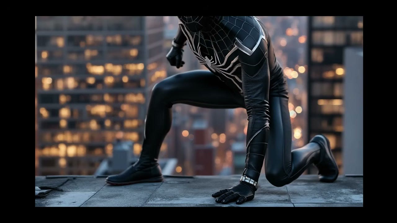 A crouching superhero in a black suit on a rooftop, with the hands rendered at low resolution