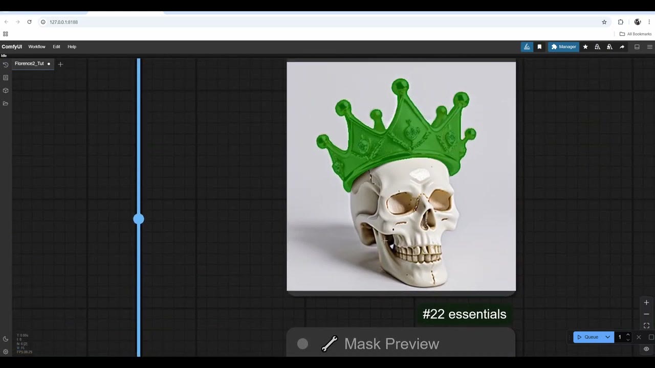 A white skull wearing a crown, with the crown highlighted in green by a Florence 2 text-prompted mask