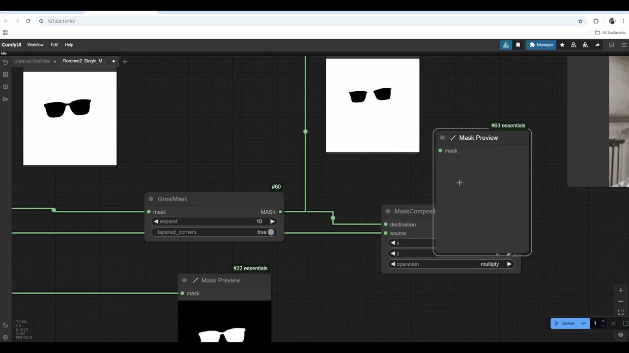 Grow Mask set to expand 10, feeding a Mask Composite set to multiply, with inverted and shrunken glasses masks in the previews