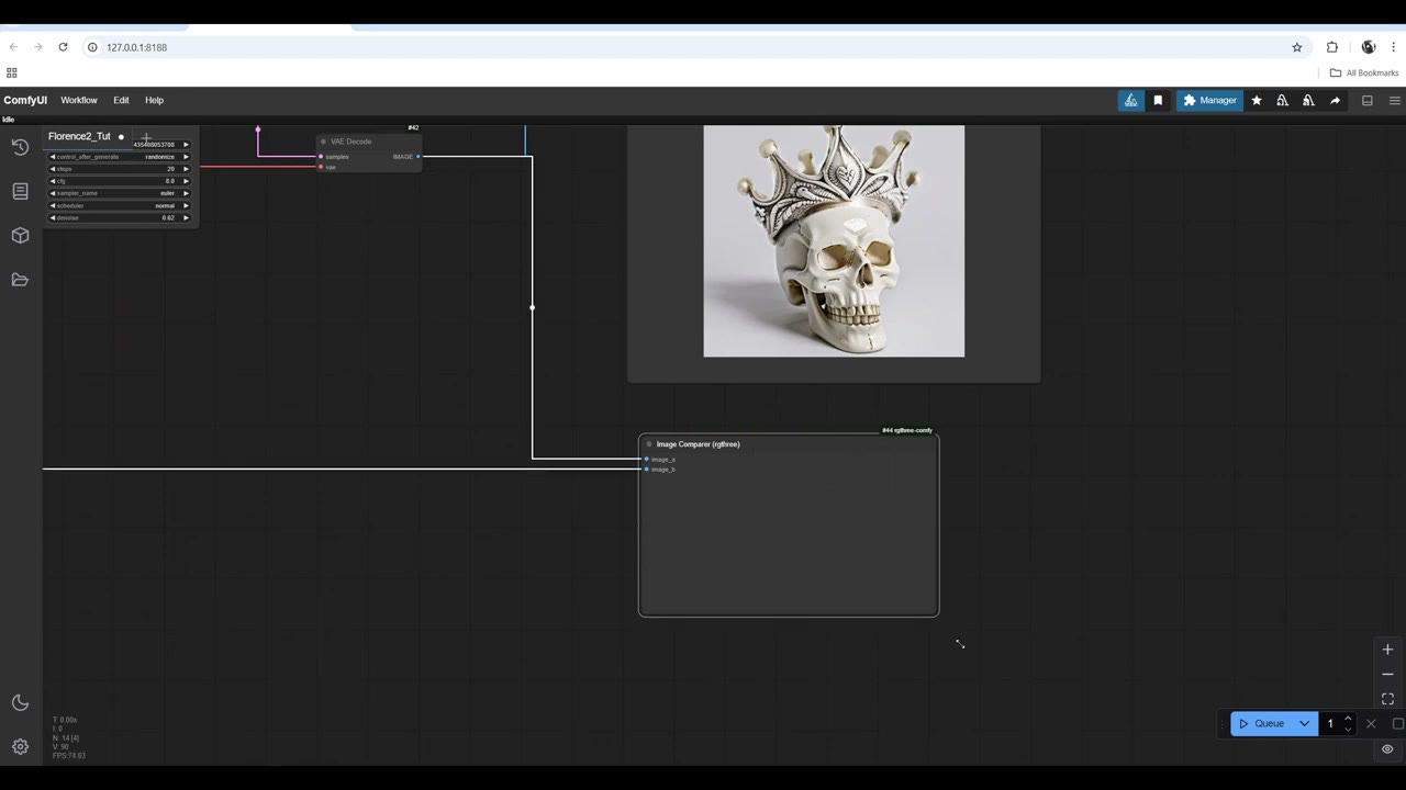 The skull, now wearing an ornate silver crown, next to an rgthree Image Comparer node