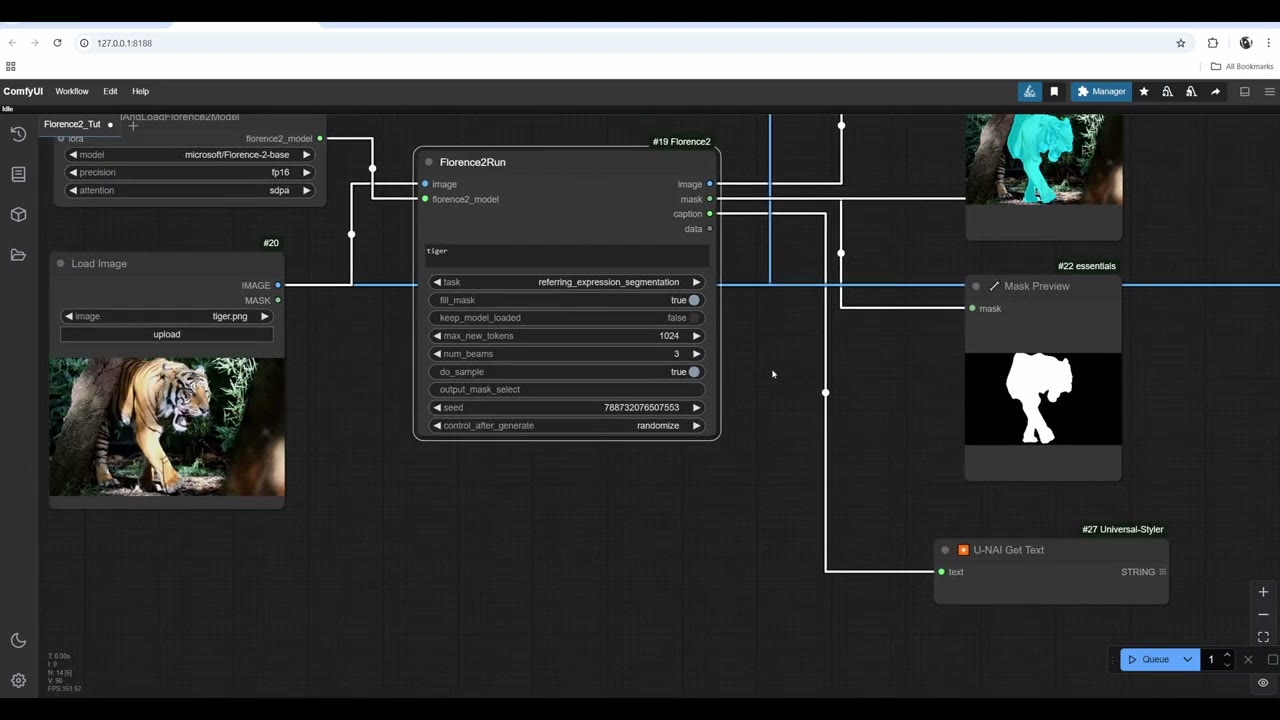 Load Image with a tiger photo feeding the Florence2Run node with the task referring_expression_segmentation and the prompt tiger, with the mask preview showing the tiger's silhouette