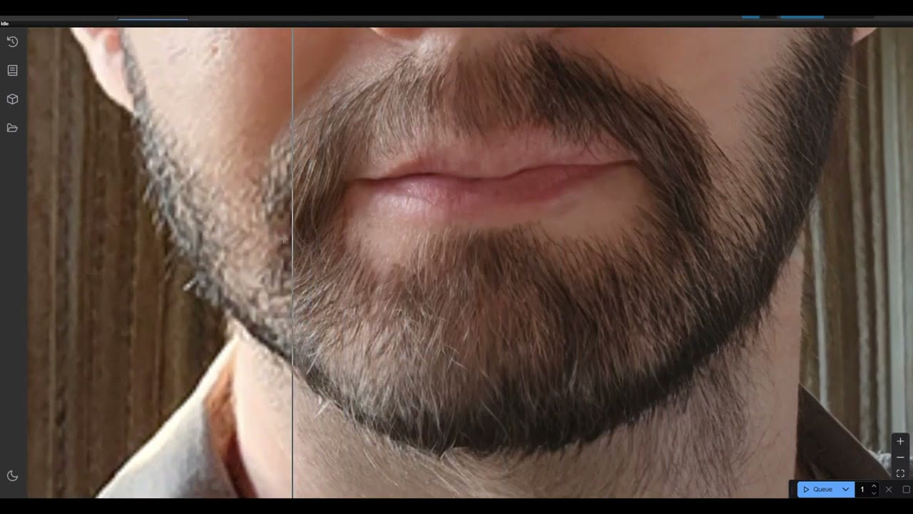 An extreme close-up of the upscaled beard and lips