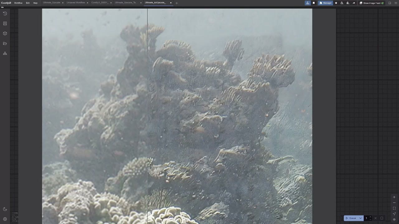 An underwater coral photo split by the comparer, with the upscaled side full of streaky, smeared texture