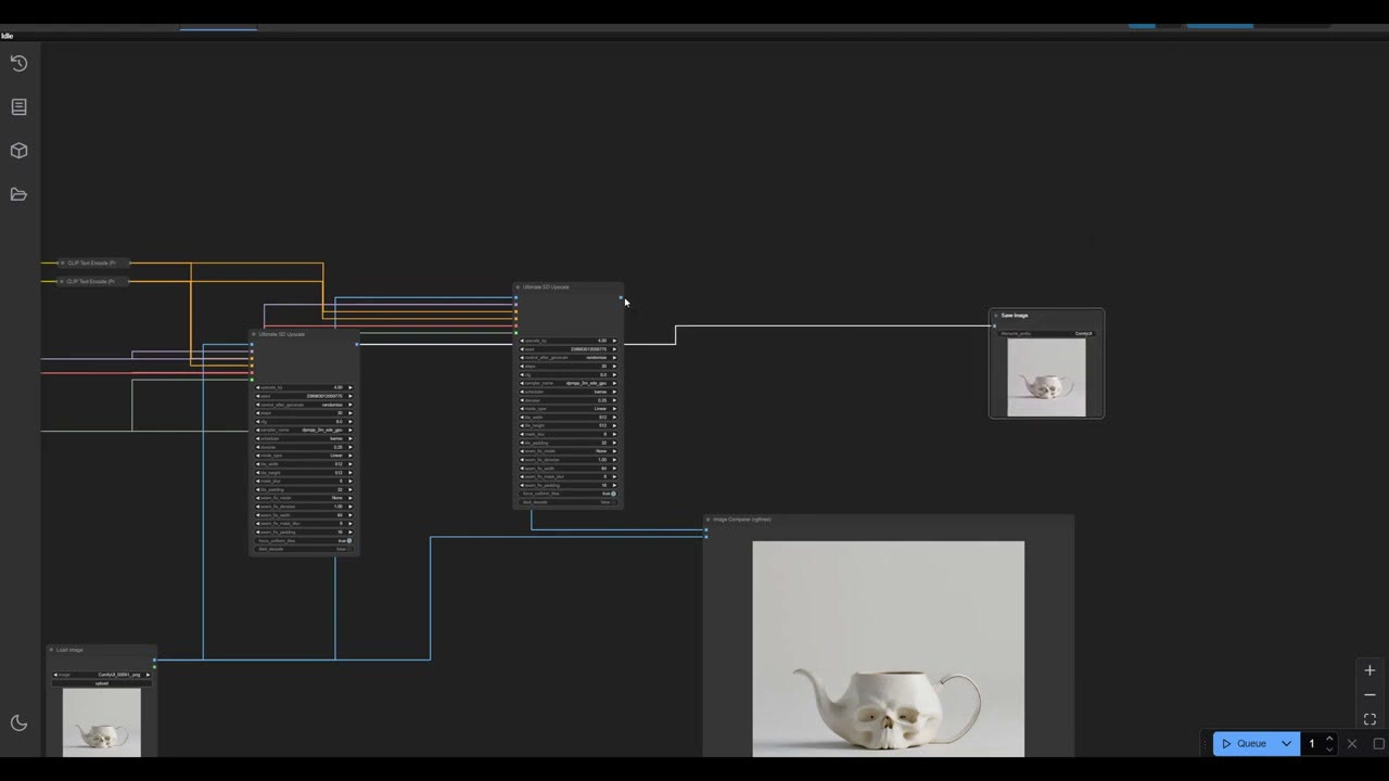 Two Ultimate SD Upscale nodes chained one after the other, feeding Save Image and an Image Comparer showing a skull-shaped teapot