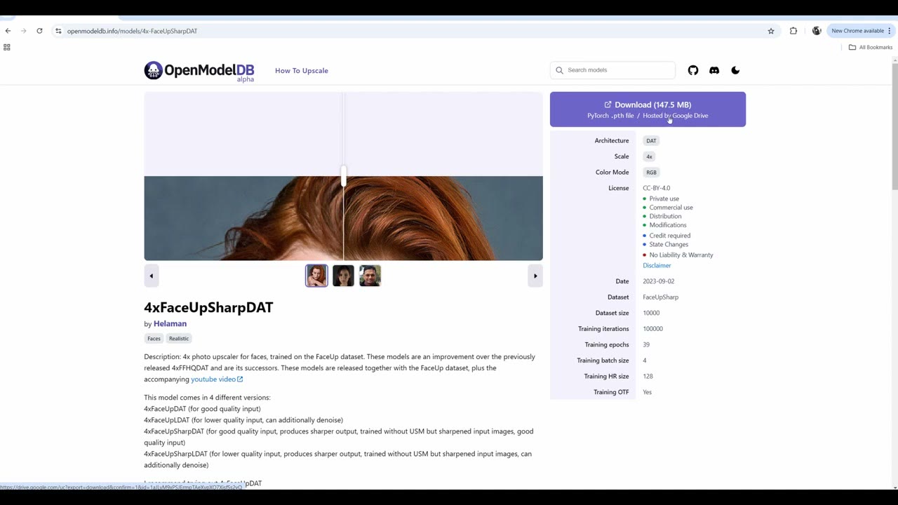 The 4x-FaceUpSharpDAT page on OpenModelDB with a sample face comparison and licence details