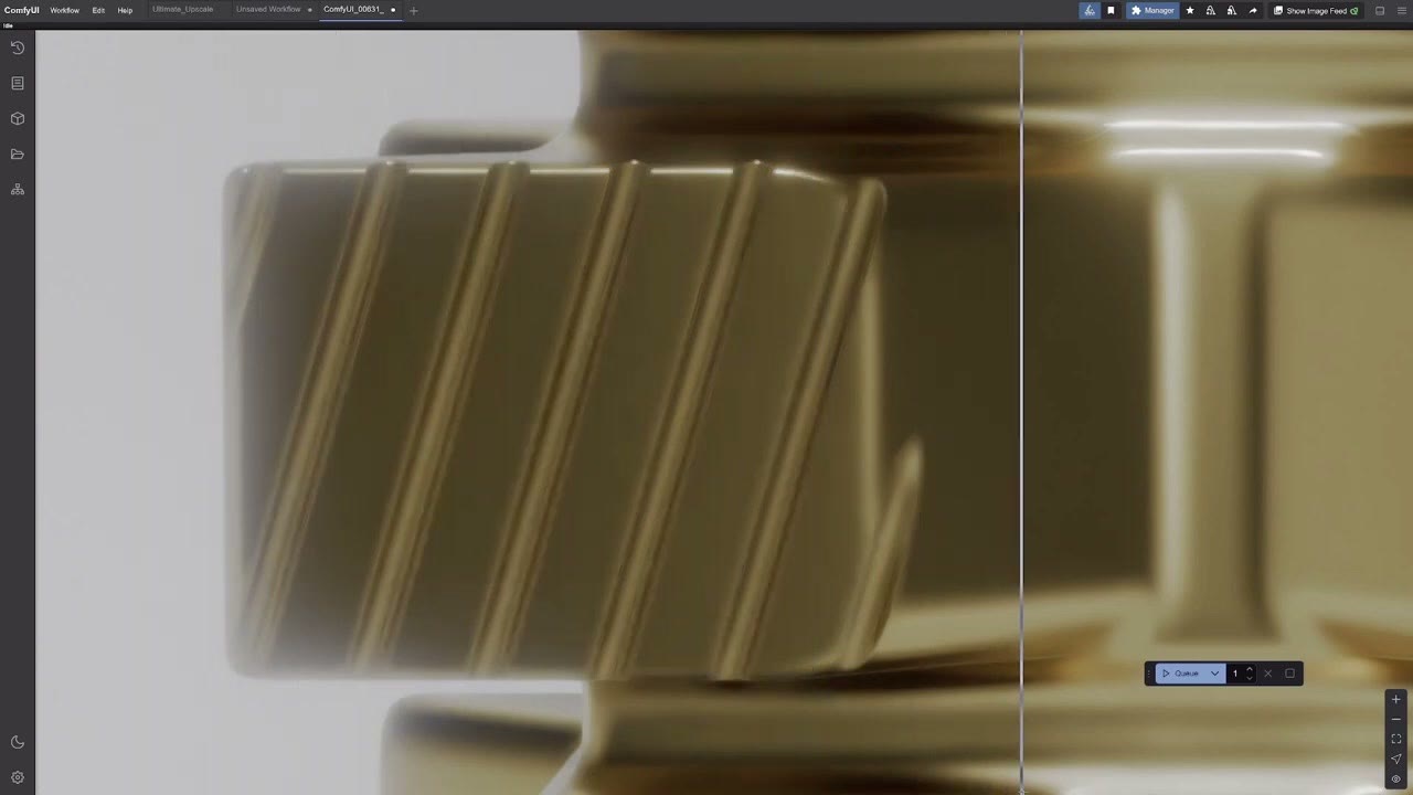 An extreme close-up of a gold perfume bottle cap with diagonal ridges, split by the comparer slider