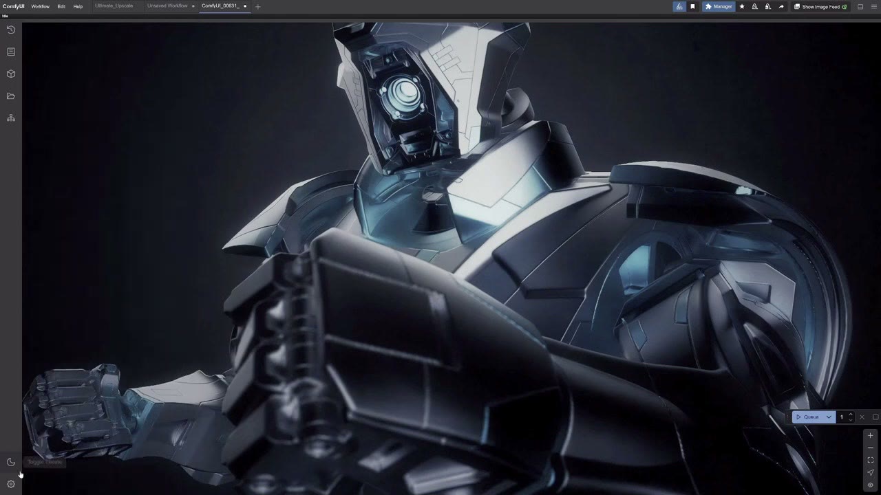 A dark armoured robot design with smooth panel lines after upscaling