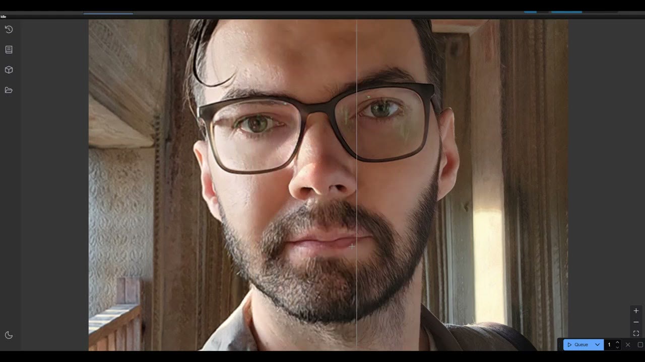 A selfie split by the image comparer slider, showing the 512 pixel original and the 4x upscale side by side