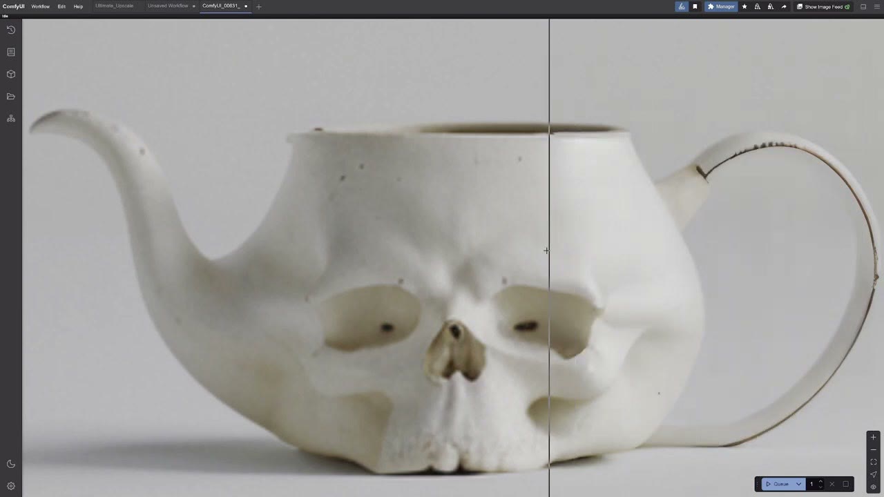 A white porcelain teapot shaped like a skull, upscaled 16 times to 8K with Ultimate SD Upscale