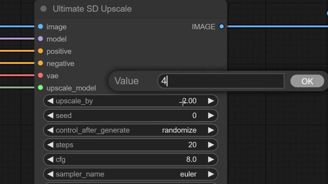 The Ultimate SD Upscale node with inputs for image, model, positive, negative, VAE and upscale model, and the upscale_by value being set to 4