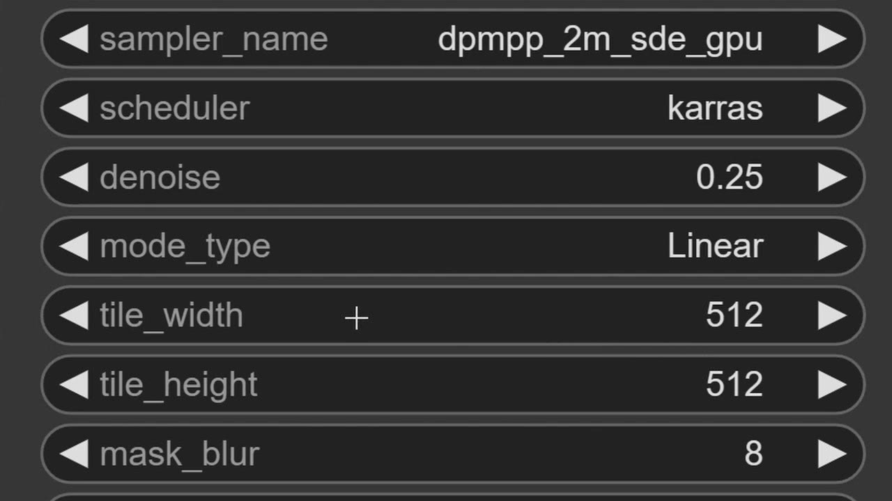 Ultimate SD Upscale settings: sampler dpmpp_2m_sde_gpu, scheduler karras, denoise 0.25, mode Linear, tile width and height 512, mask blur 8
