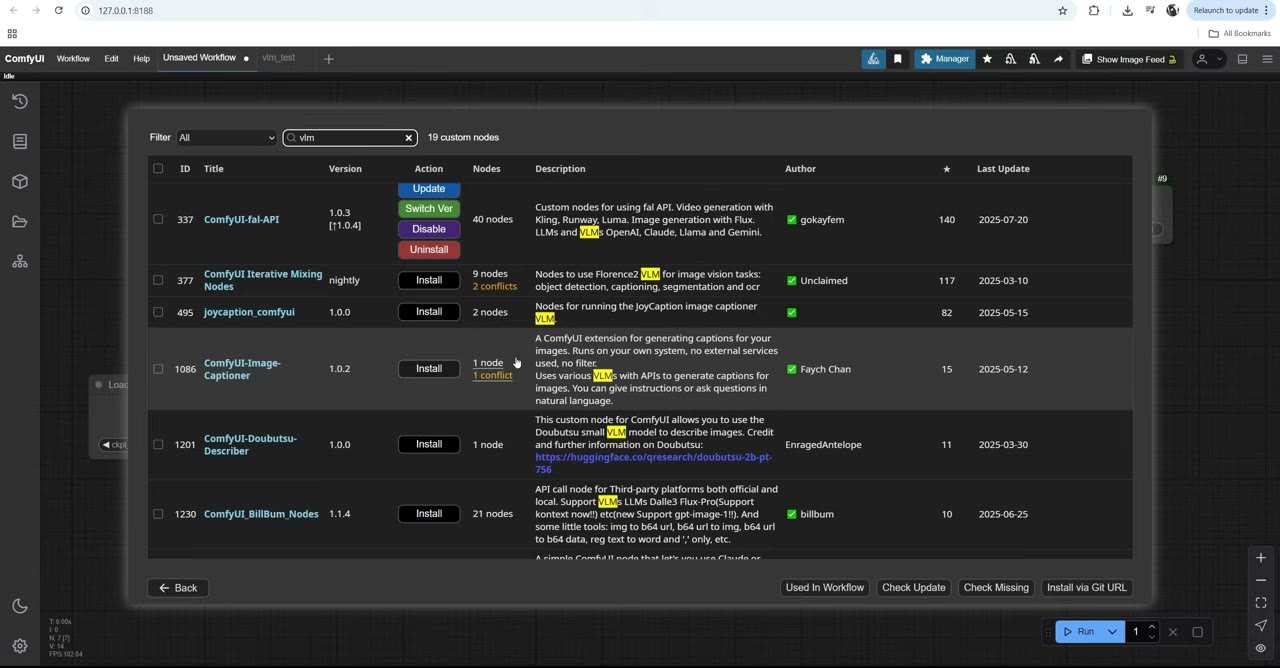 The ComfyUI Custom Nodes Manager listing VLM-related node packs