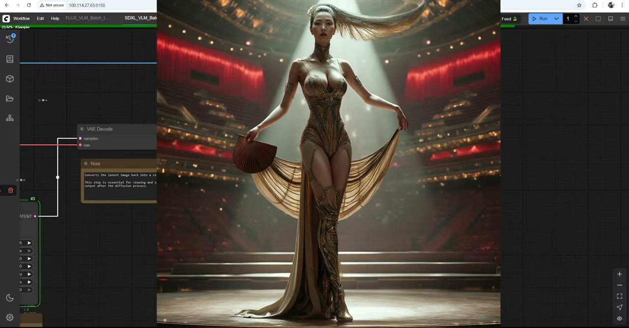 A golden-robed dancer on a stage generated from a pencil sketch, with the prompt written by a local vision model