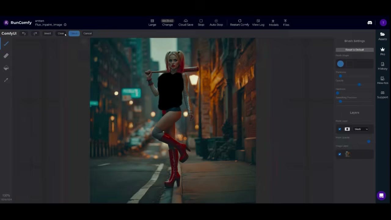 The ComfyUI Mask Editor with a black mask painted over the character's torso and brush settings on the right