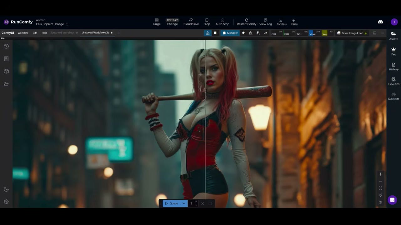 An image comparer in ComfyUI splitting a character with a baseball bat on a city street, before and after Flux inpainting of the face and arms