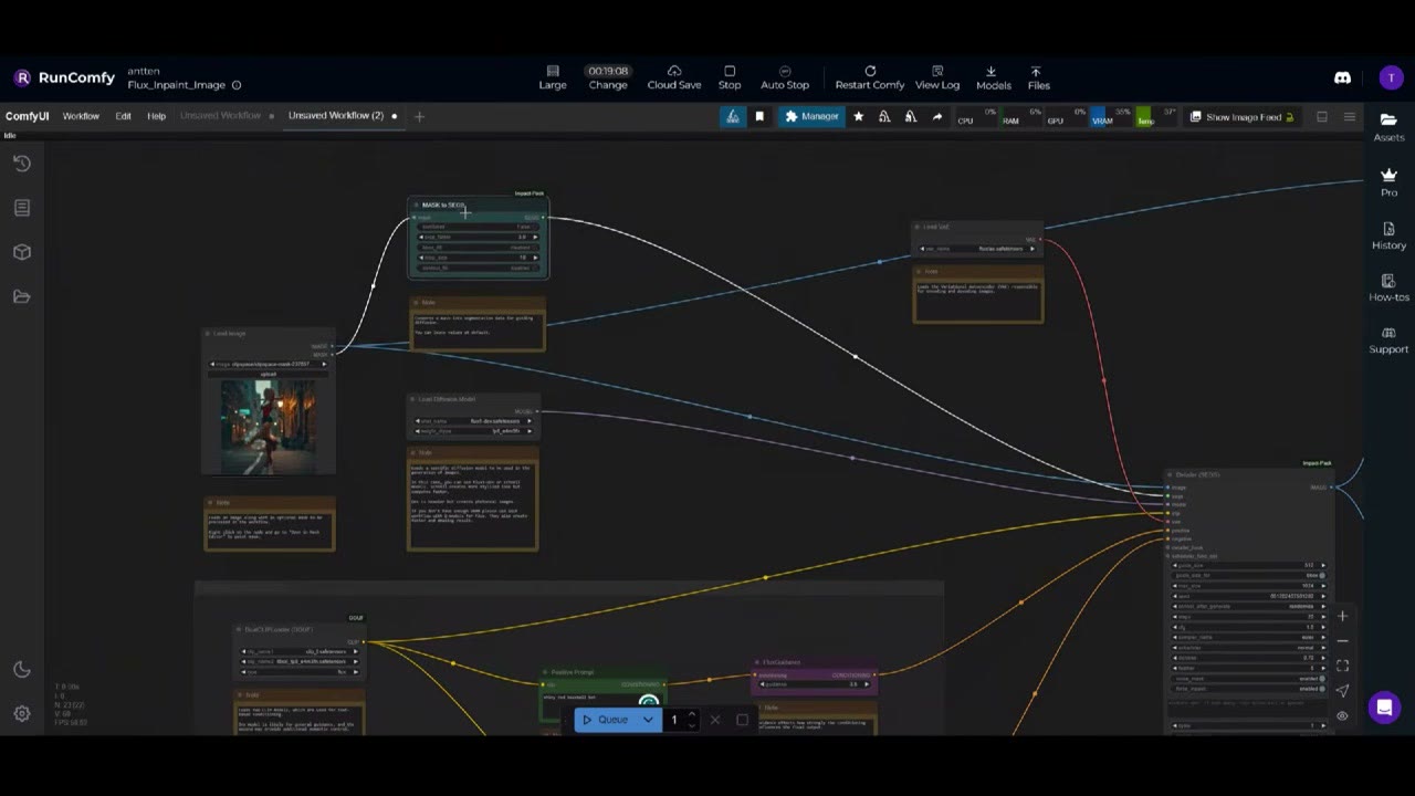 The inpainting workflow in ComfyUI: Load Image, MASK to SEGS, Load Diffusion Model, Load VAE, DualCLIPLoader, a positive prompt and FluxGuidance feeding a Detailer (SEGS) node