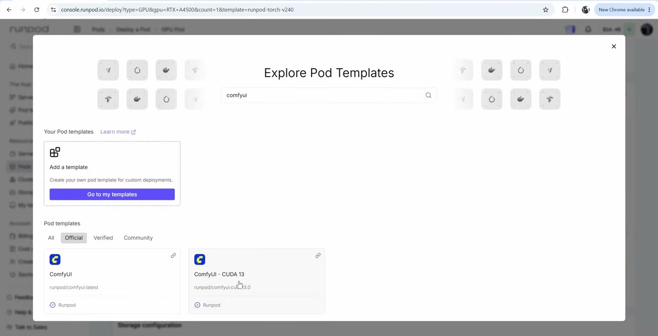 RunPod's Explore Pod Templates dialog filtered to the official ComfyUI templates