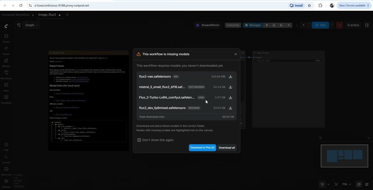 ComfyUI's missing models dialog listing the Flux 2 model files with download buttons