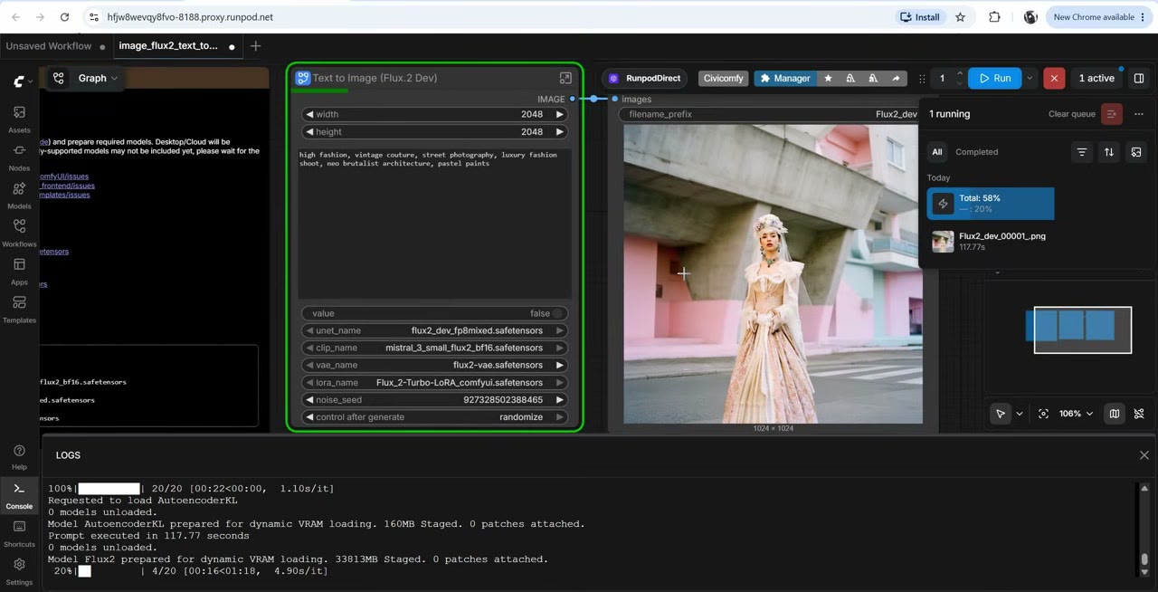 ComfyUI on an RTX 5090 pod showing a finished Flux 2 image