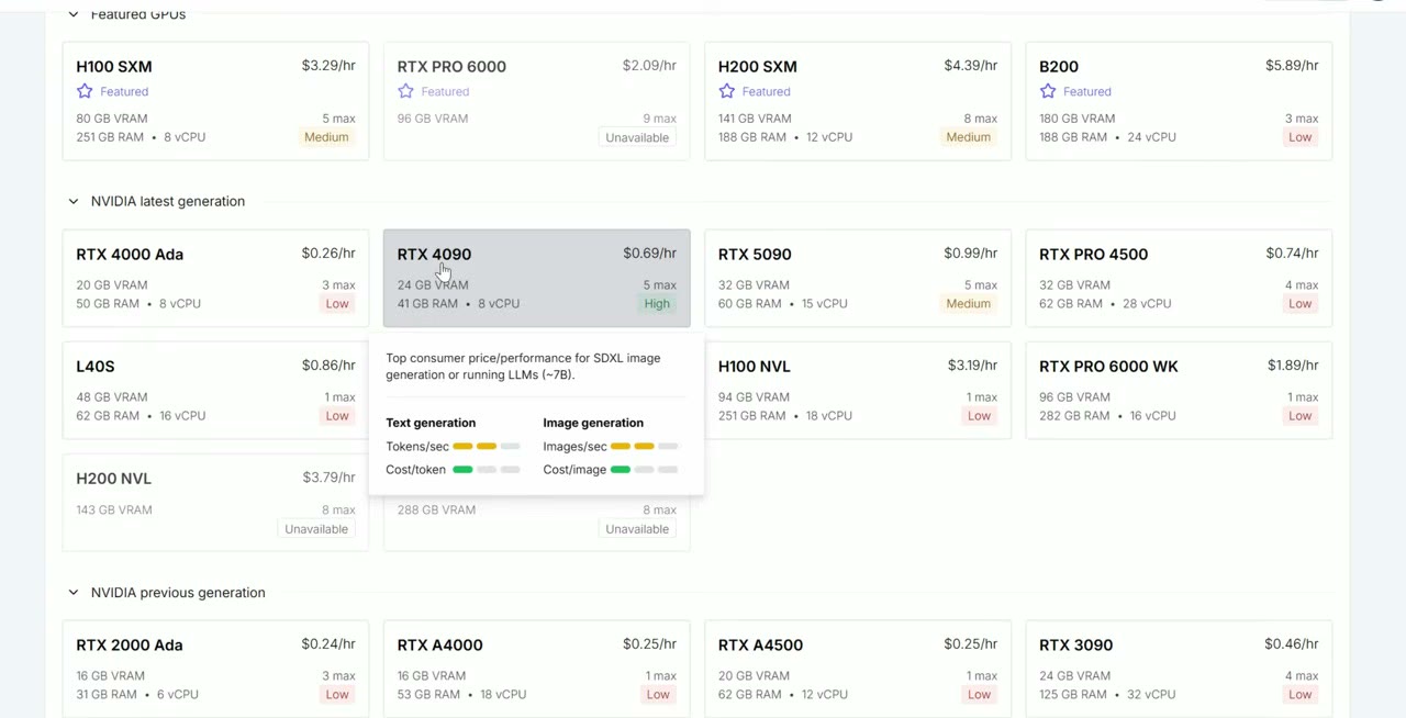 RunPod's GPU list with hourly prices for H100, RTX 4090, RTX 5090 and other cards