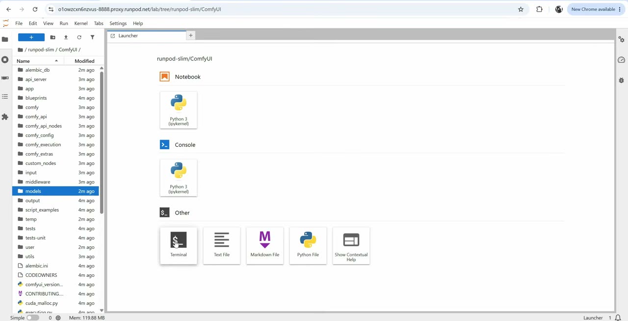 JupyterLab file browser showing the ComfyUI folder on the network volume