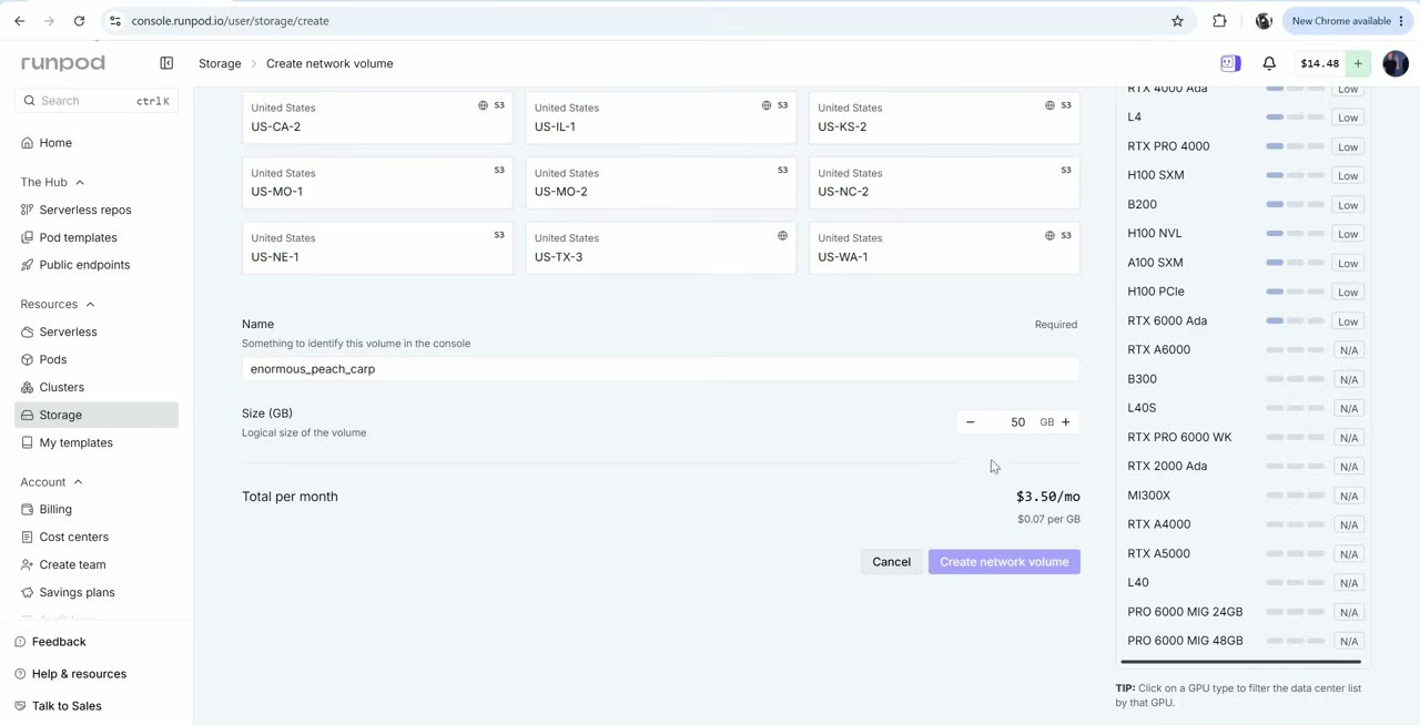 RunPod's New network volume form, with data center options and a size field