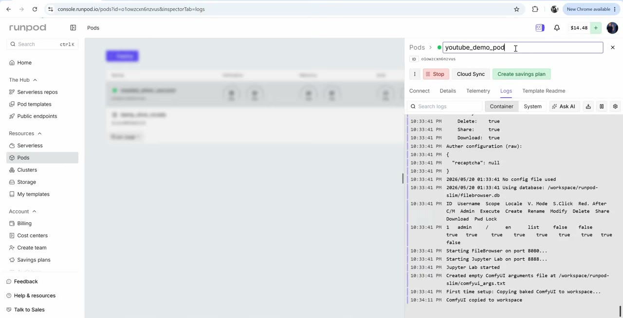 RunPod pod logs showing ComfyUI starting up