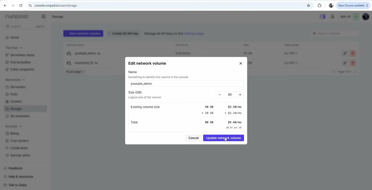 RunPod's Edit network volume dialog with the size increased to 80 GB