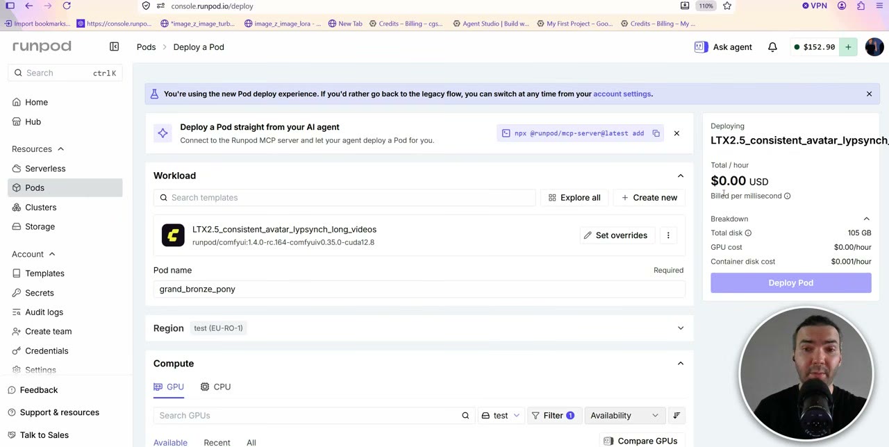 RunPod deploy page with the LTX2.5 consistent avatar lipsync template selected