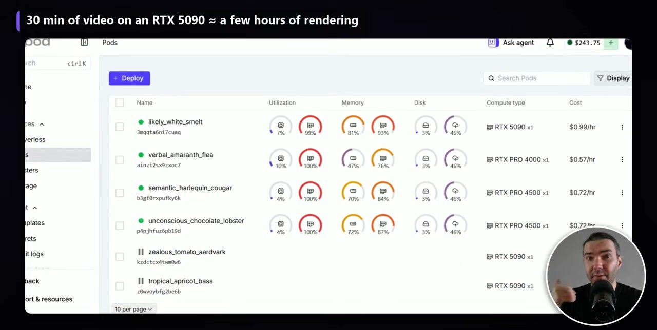 RunPod pods list showing several RTX 5090 and RTX PRO 4000/4500 pods running at once