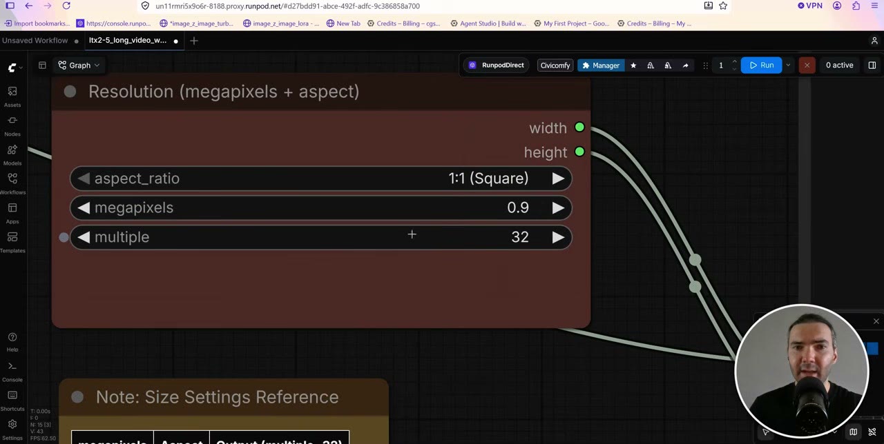 The resolution node set to a 1:1 aspect ratio at 0.9 megapixels, multiple of 32