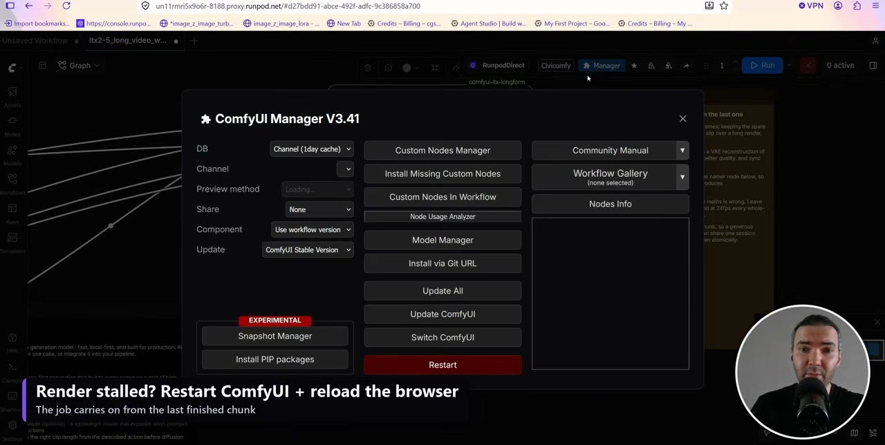 The ComfyUI Manager panel with the Restart button